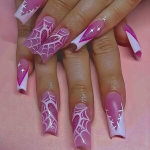 Women’s Long Pink Halloween Spider Web Press On Nails